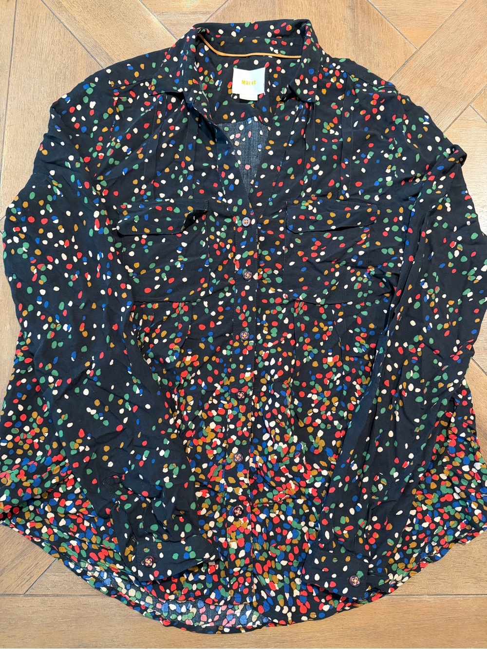 Anthropologie Maeve Wynwood Polka Dot Button Down Long Sleeve Blouse Size 8